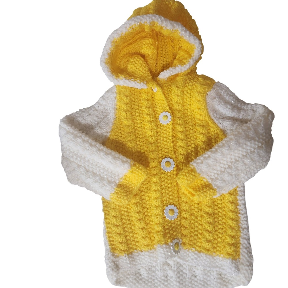 Handmade Yellow White Daisy Button Crochet Hooded Cardigan Sweater Sparkle‎ Baby